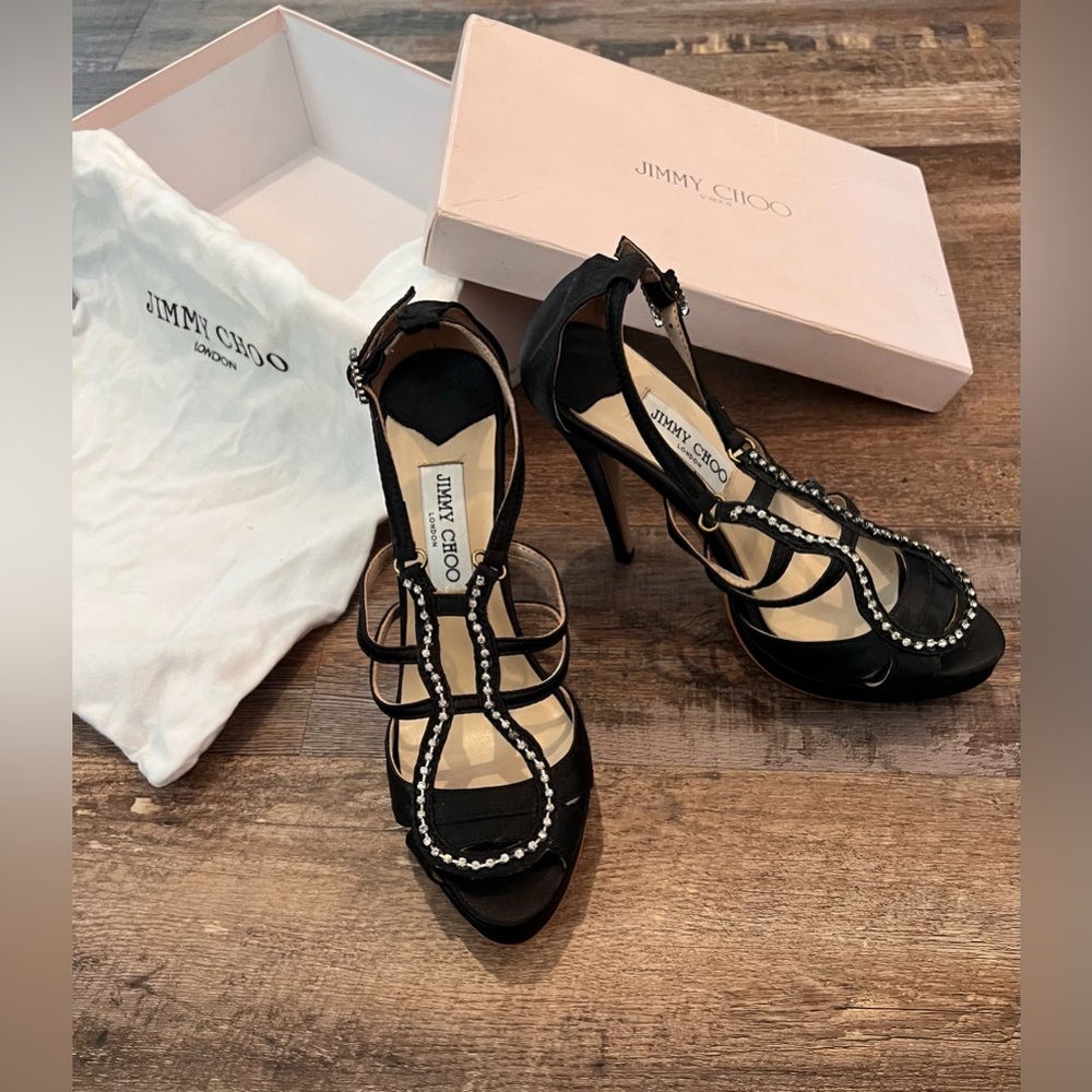 Jimmy Choo Crystal-Embellished Black Satin Strapy Platform Heels